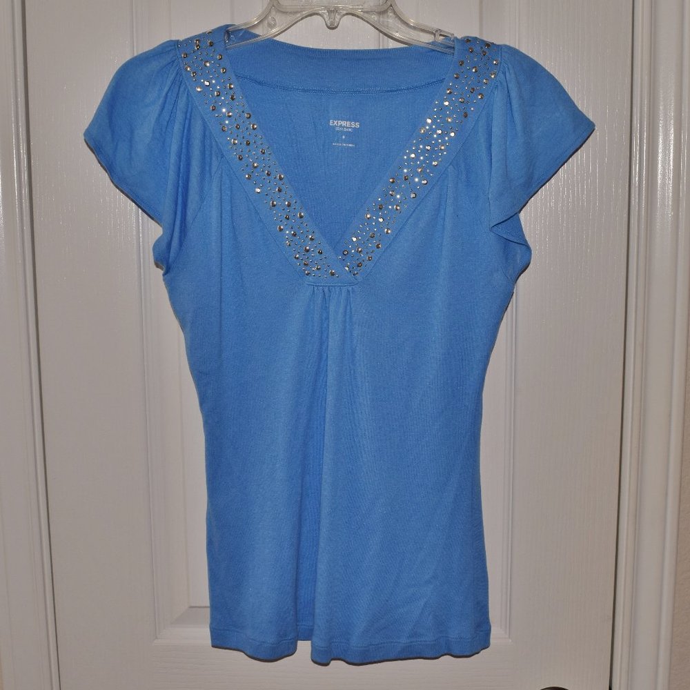 Express sexy basic blue silver sparkles tee